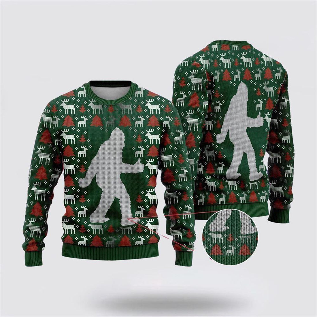 FUNSTUFFPRINT Bigfoot Reindeer And Pine Tree Motifs Green Pattern Ugly Christmas Sweater – Best Gift For Christmas Ugly Sweater