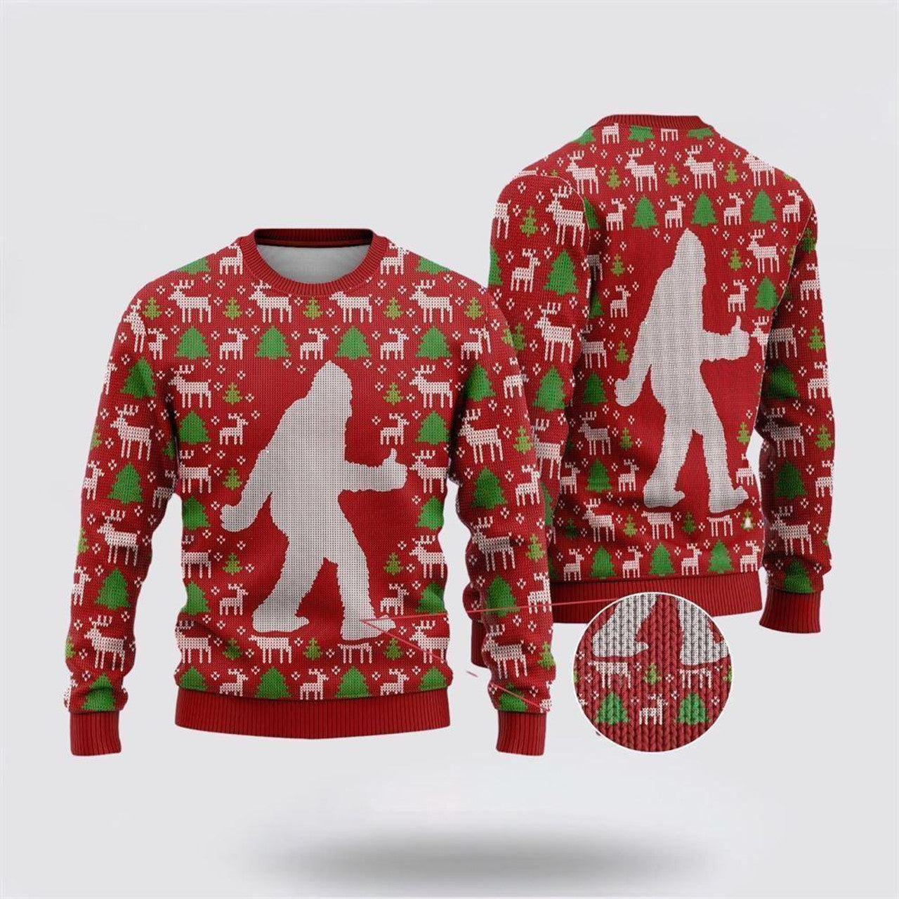 FUNSTUFFPRINT Bigfoot Reindeer And Pine Tree Motifs Ugly Christmas Sweater – Best Gift For Christmas Ugly Sweater