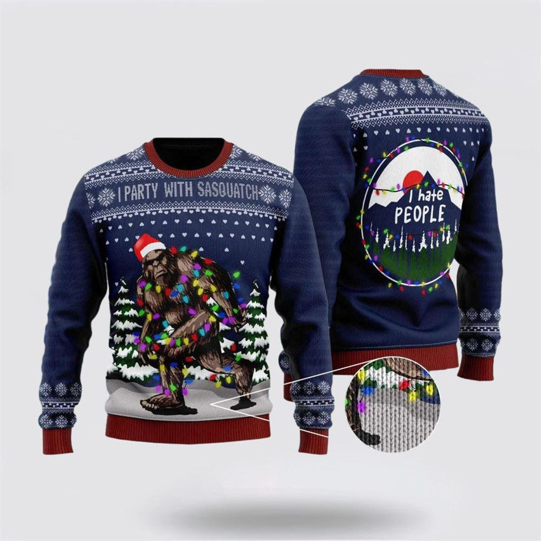 FUNSTUFFPRINT Bigfoot Santa Christmas Tree Lights Hate People Ugly Sweater - Gifts For Bigfoot Lovers Ugly Sweater