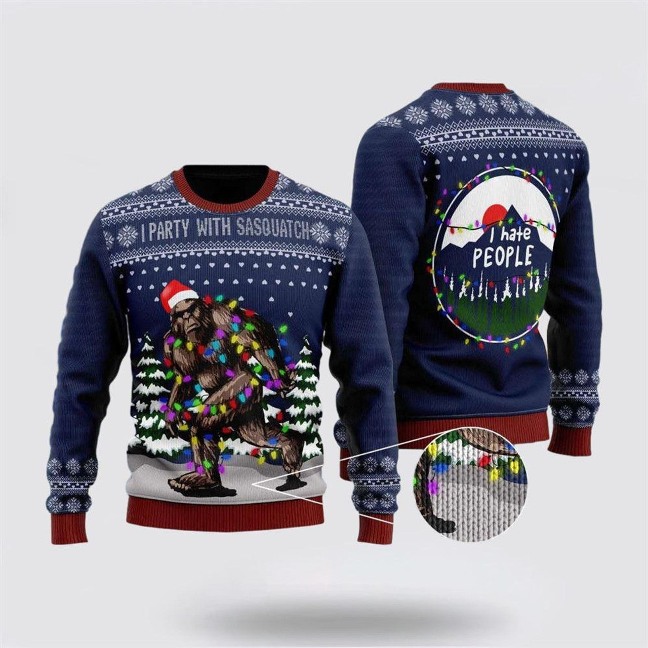 FUNSTUFFPRINT Bigfoot Santa Christmas Tree Lights Hate People Ugly Sweater - Gifts For Bigfoot Lovers Ugly Sweater