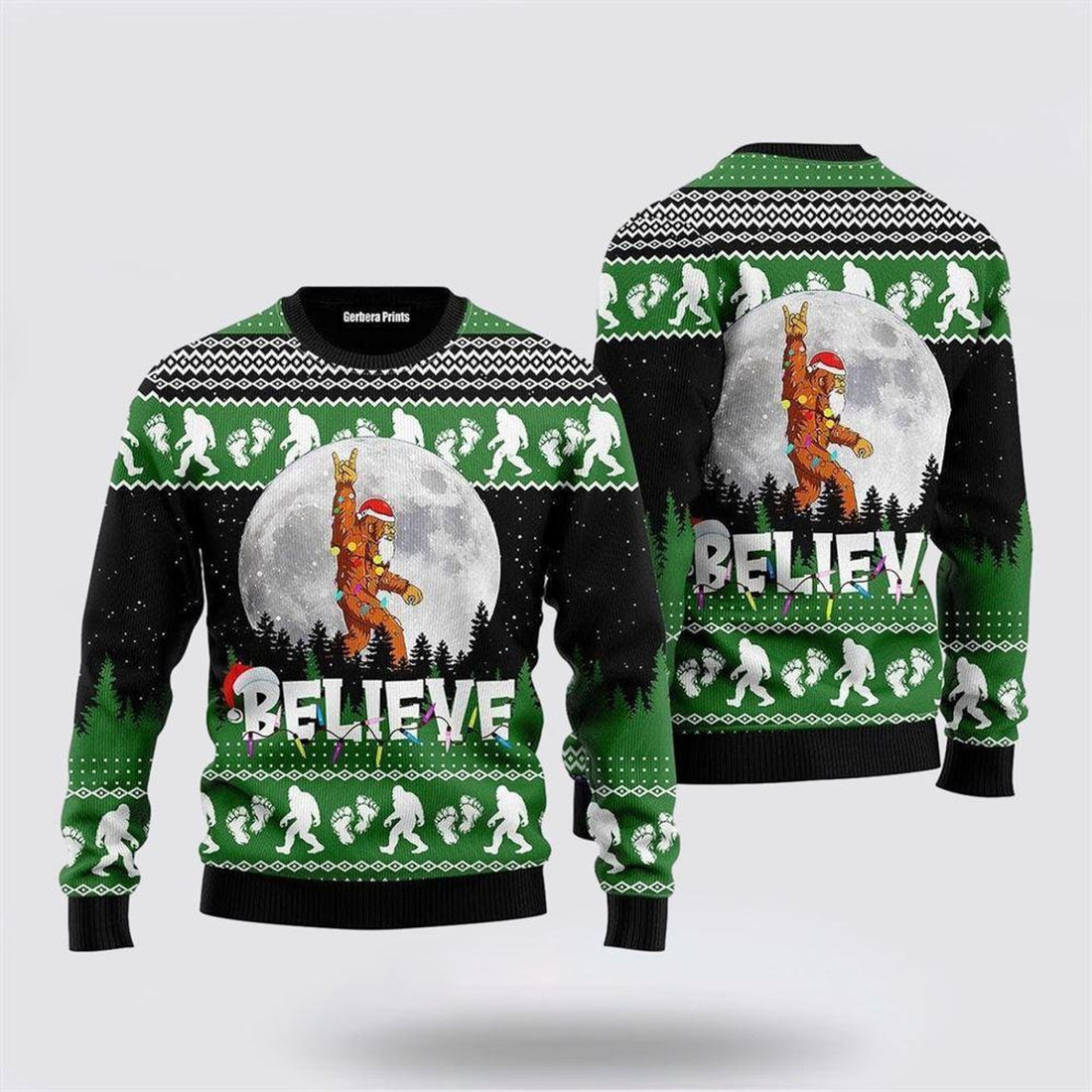 FUNSTUFFPRINT Bigfoot Santa Claus Christmas Moon Night Ugly Christmas Sweater – Best Gift For Christmas Ugly Sweater