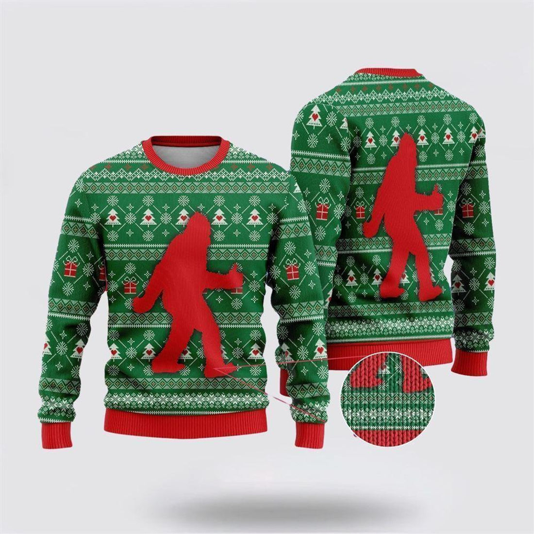 FUNSTUFFPRINT Bigfoot Sasquatch Funny Green Pattern Ugly Christmas Sweater – Best Gift For Christmas Ugly Sweater
