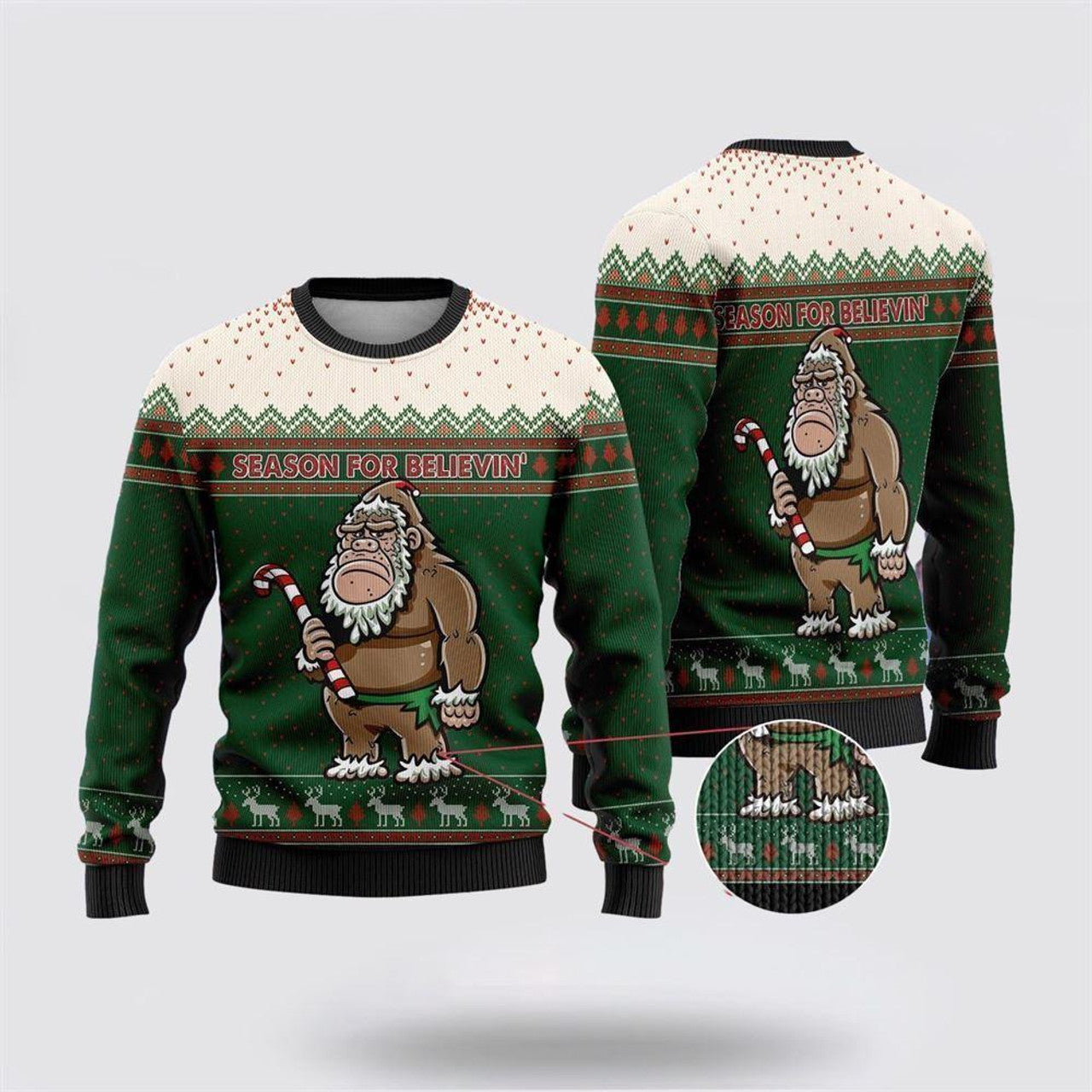 FUNSTUFFPRINT Bigfoot Season For Believin Green And White Pattern Ugly Christmas Sweater – Best Gift For Christmas Ugly Sweater