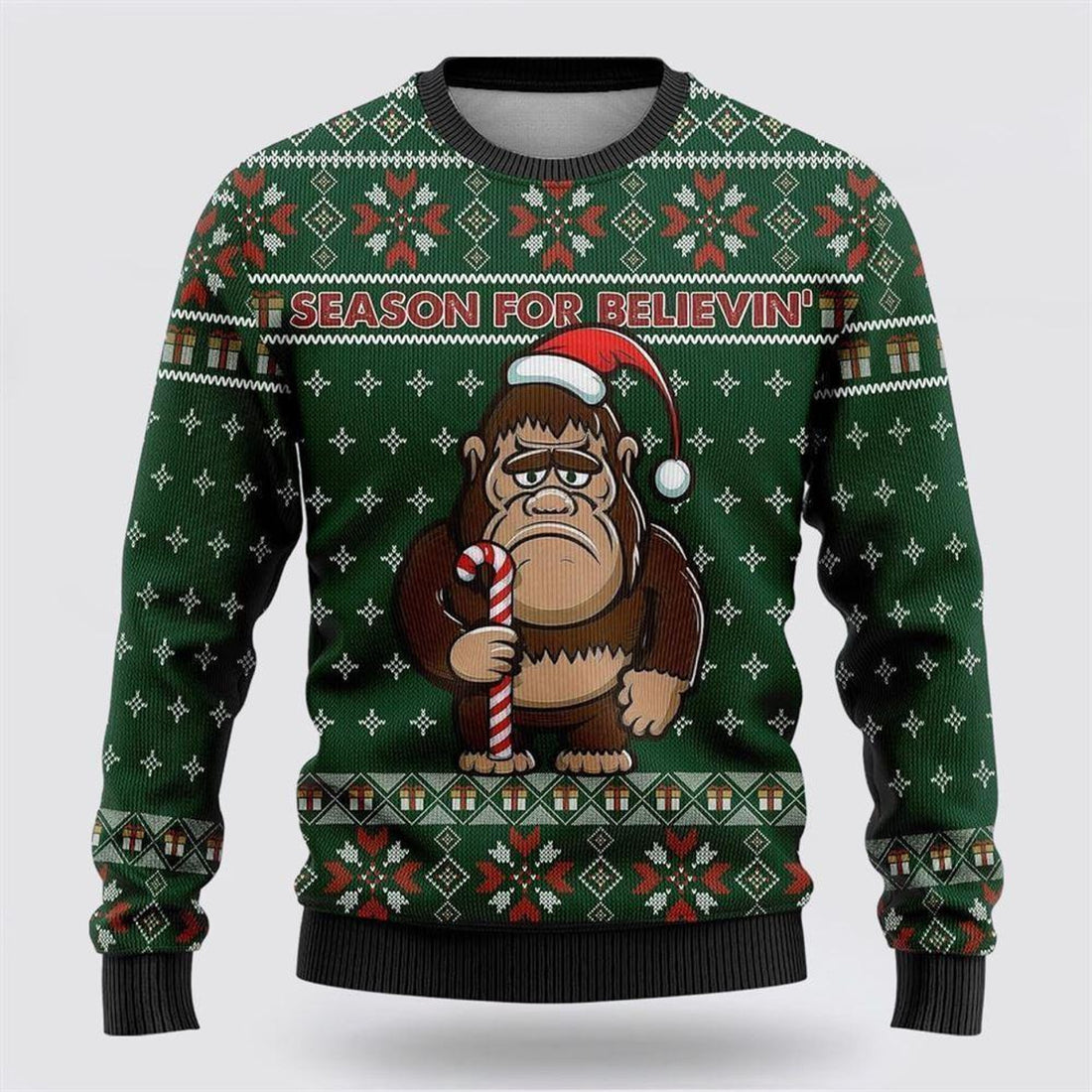 FUNSTUFFPRINT Bigfoot Season For Believin Green Pattern Ugly Christmas Sweater – Best Gift For Christmas Ugly Sweater