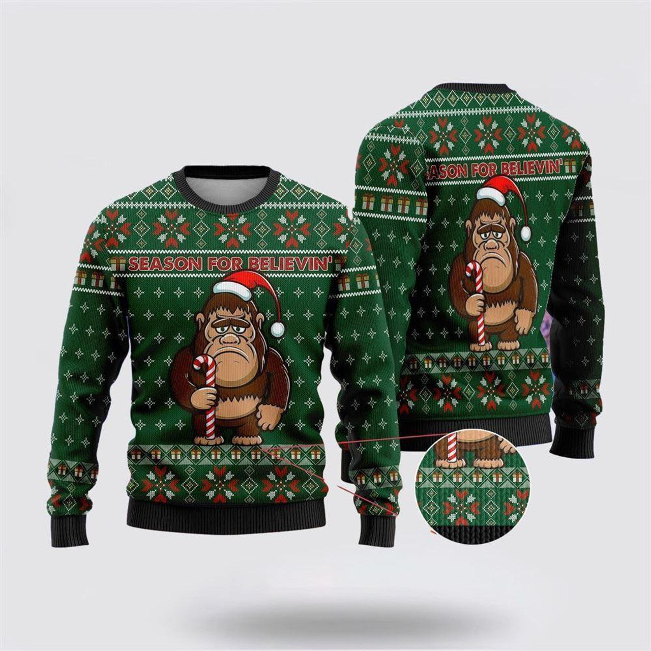 FUNSTUFFPRINT Bigfoot Season For Believin Green Pattern Ugly Christmas Sweater – Best Gift For Christmas Ugly Sweater