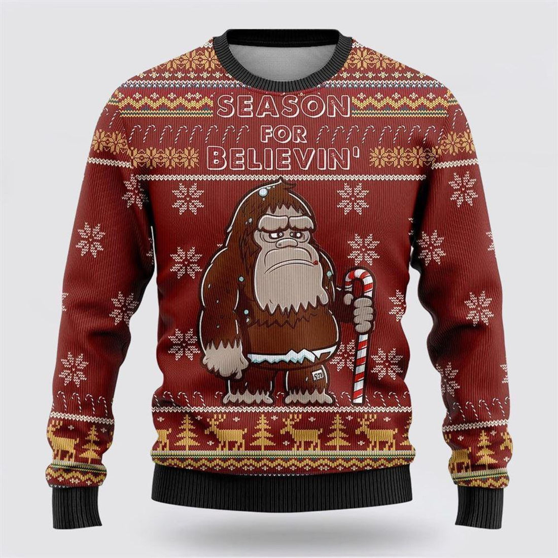 FUNSTUFFPRINT Bigfoot Season For Believin Red Pattern Ugly Christmas Sweater – Best Gift For Christmas Ugly Sweater