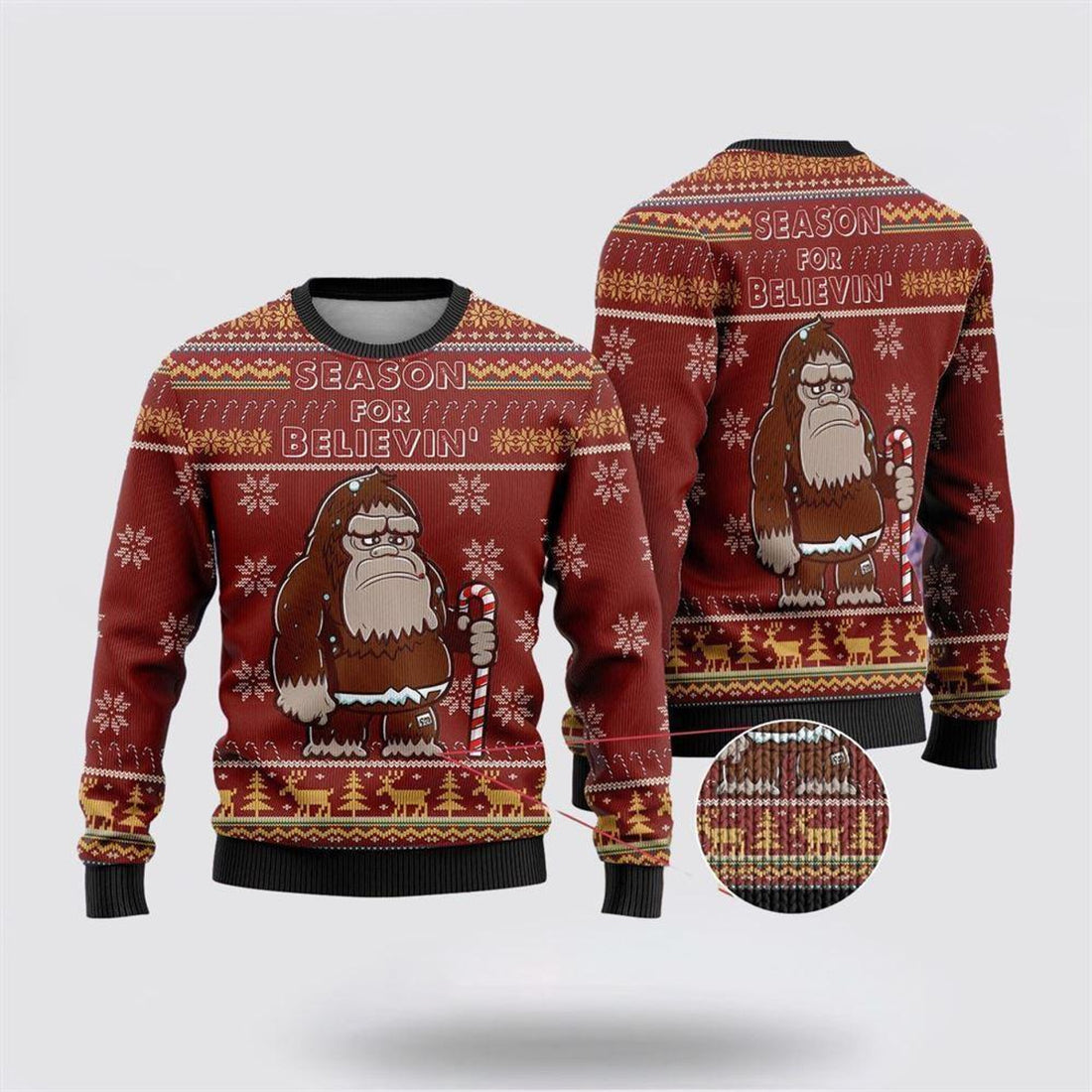 FUNSTUFFPRINT Bigfoot Season For Believin Red Pattern Ugly Christmas Sweater – Best Gift For Christmas Ugly Sweater