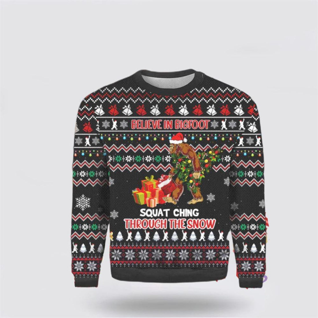 FUNSTUFFPRINT Bigfoot Squatchin' Through The Snow Ugly Sweater - Gifts For Bigfoot Lovers Ugly Sweater