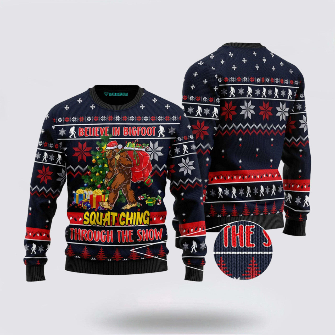 FUNSTUFFPRINT Bigfoot Squats Ching Ugly Christmas Sweater – Gifts For Bigfoot Lovers Ugly Sweater