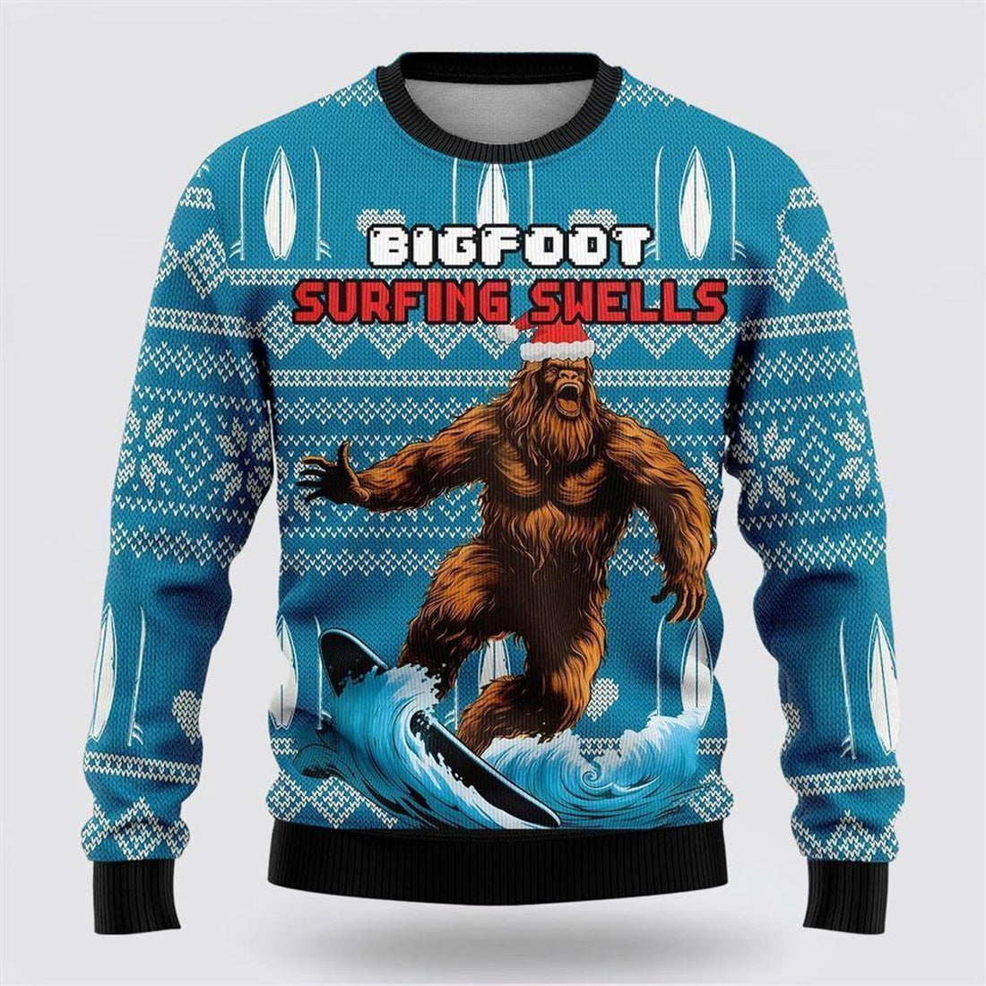 FUNSTUFFPRINT Bigfoot Surfing Swells Ugly Christmas Sweater – Best Gift For Christmas Ugly Sweater