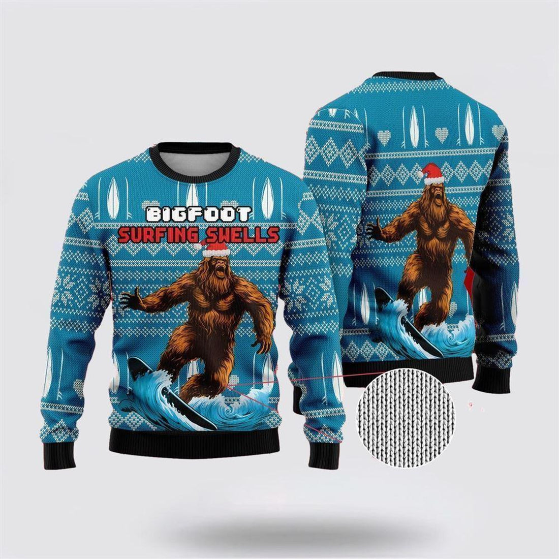 FUNSTUFFPRINT Bigfoot Surfing Swells Ugly Christmas Sweater – Best Gift For Christmas Ugly Sweater