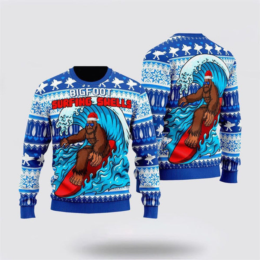 FUNSTUFFPRINT Bigfoot Surfing Swells Ugly Christmas Sweater For Men, Best Gift For Christmas, Christmas Fashion Winter Ugly Sweater