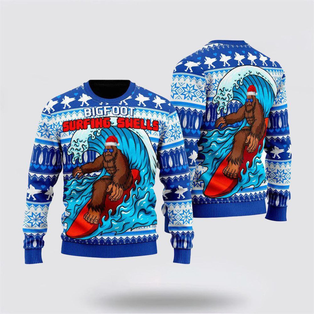 FUNSTUFFPRINT Bigfoot Surfing Swells Ugly Christmas Sweater Men & Women – Gifts For Bigfoot Lovers Ugly Sweater