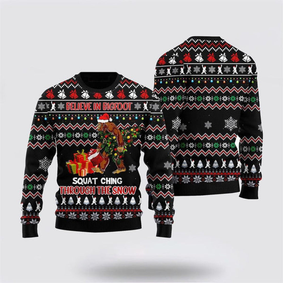FUNSTUFFPRINT Bigfoot Ugly Sweater, Believe In Bigfoot Squat Ugly Christmas Sweater For Men, Best Gift For Christmas, Christmas Fashion Winter Ugly Sweater