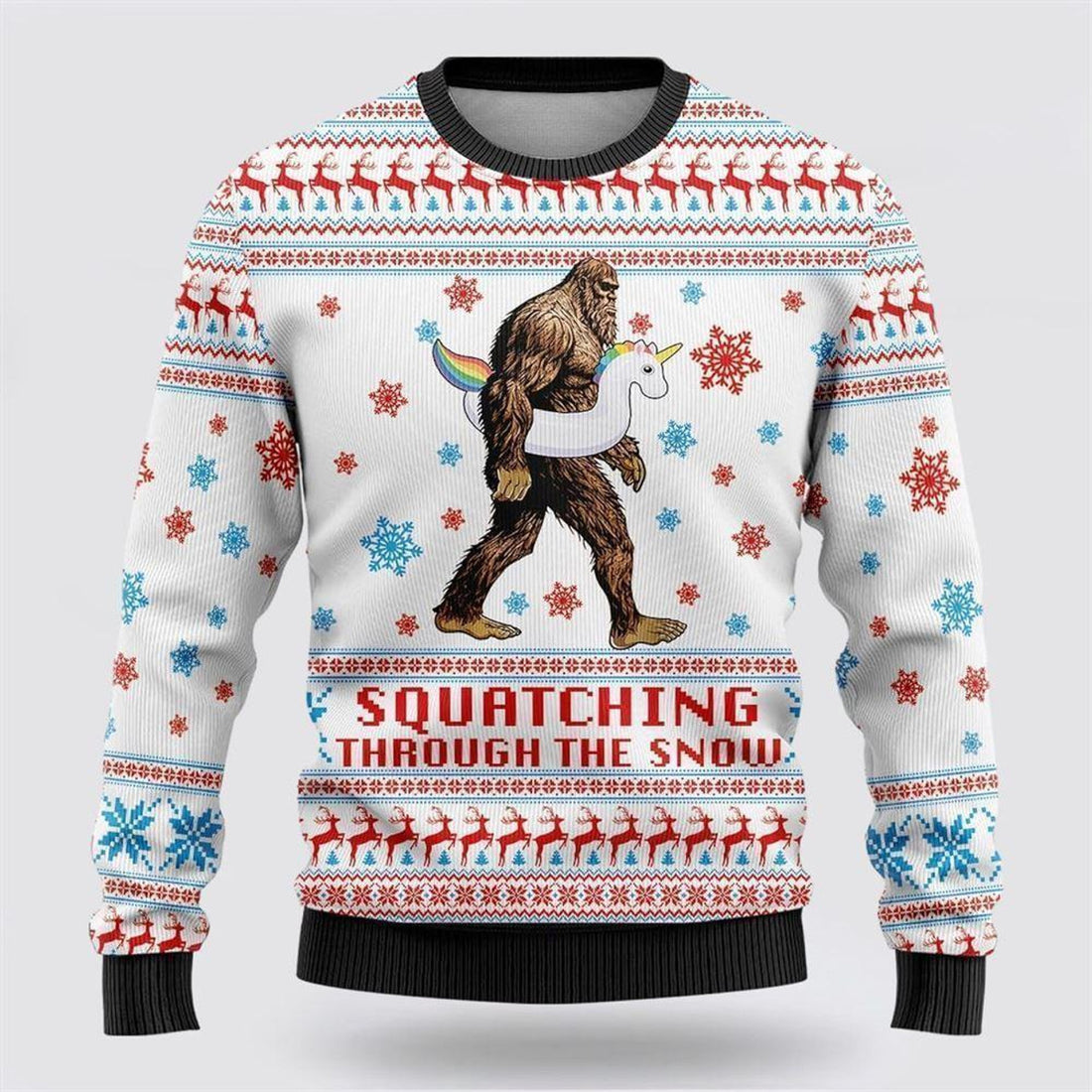 FUNSTUFFPRINT Bigfoot Unicorn Squatching Through The Snow Ugly Christmas Sweater – Best Gift For Christmas Ugly Sweater