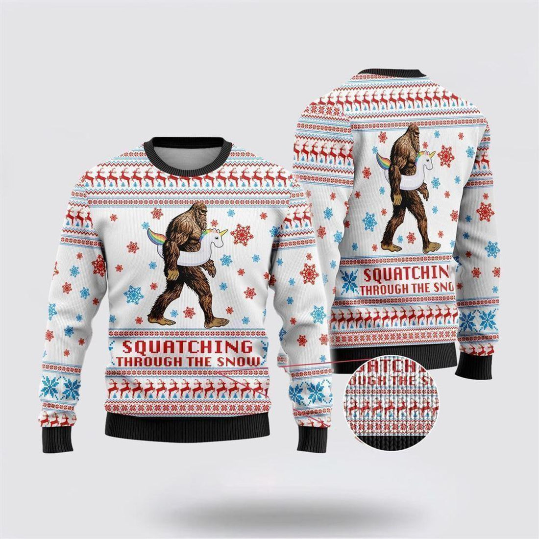 FUNSTUFFPRINT Bigfoot Unicorn Squatching Through The Snow Ugly Christmas Sweater – Best Gift For Christmas Ugly Sweater