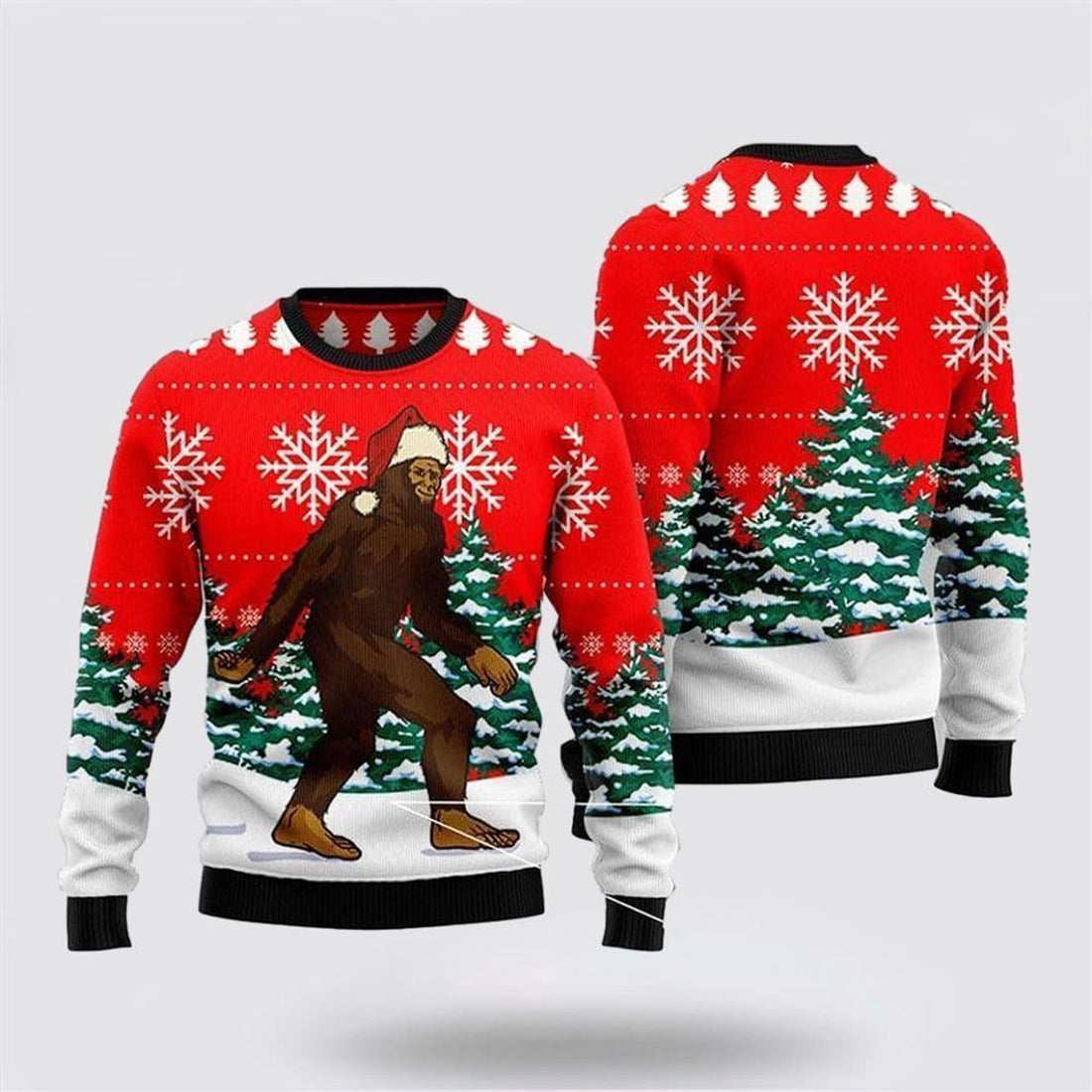 FUNSTUFFPRINT Bigfoot Walks Through The Christmas Pine Forest Ugly Christmas Sweater – Best Gift For Christmas Ugly Sweater