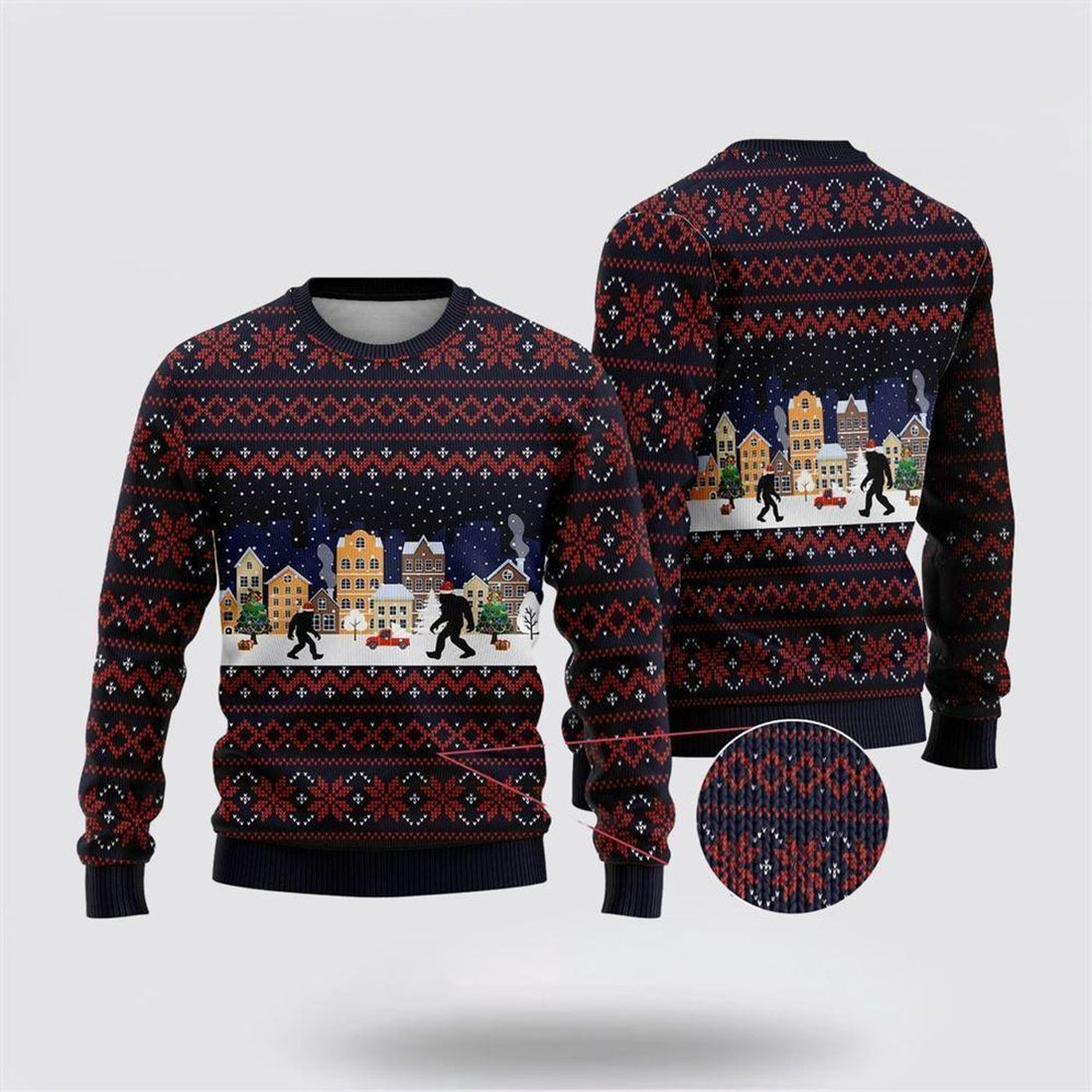 FUNSTUFFPRINT Bigfoot Winter City Ugly Christmas Sweater – Best Gift For Christmas Ugly Sweater