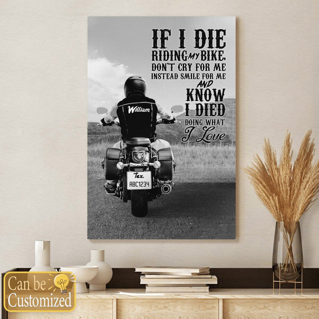 Custom Biker Poster, Motorcycle Lover, If I Die Riding My Bike Don’t Cry For Me Instead Smile For Me Customized Personalized NAME Poster and Canvas