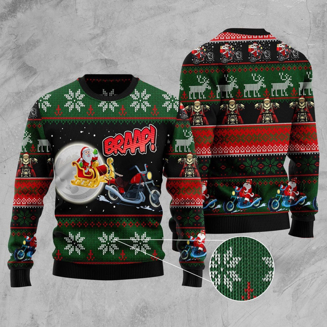 FUNSTUFFPRINT Biker Santa Xmas Ugly Christmas Sweater, Christmas Sweater, Ugly Sweater, Funny Xmas Sweaters Ugly Sweater
