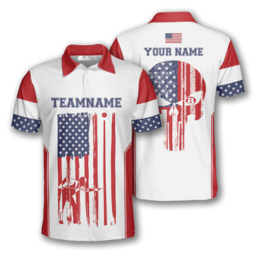 Custom Billiard Patriotic Skull Flag White Custom Billiard Shirts for Men, Custom Billiard Shirts for Team, Men's Billiard Polo Shirts