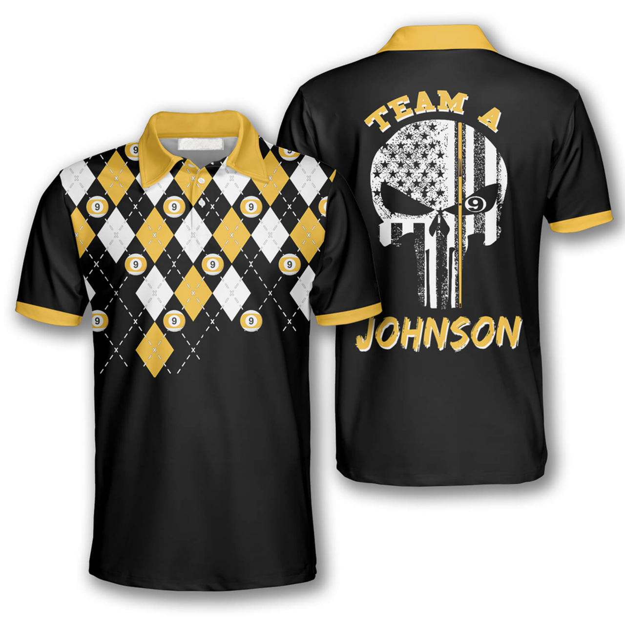 Custom 9 Ball Skull Argyle Pattern Custom Billiard Shirts For Men, Team A Custom Name Billiard
