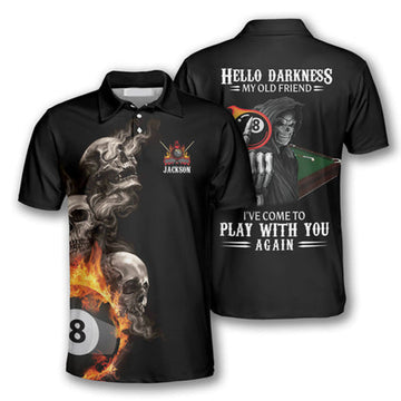 Custom Billiards Hello Darkness My Old Friend Custom Billiard skull Shirts for Men, Custom Billiard 8 ball for Team, Billiard Polo Shirts