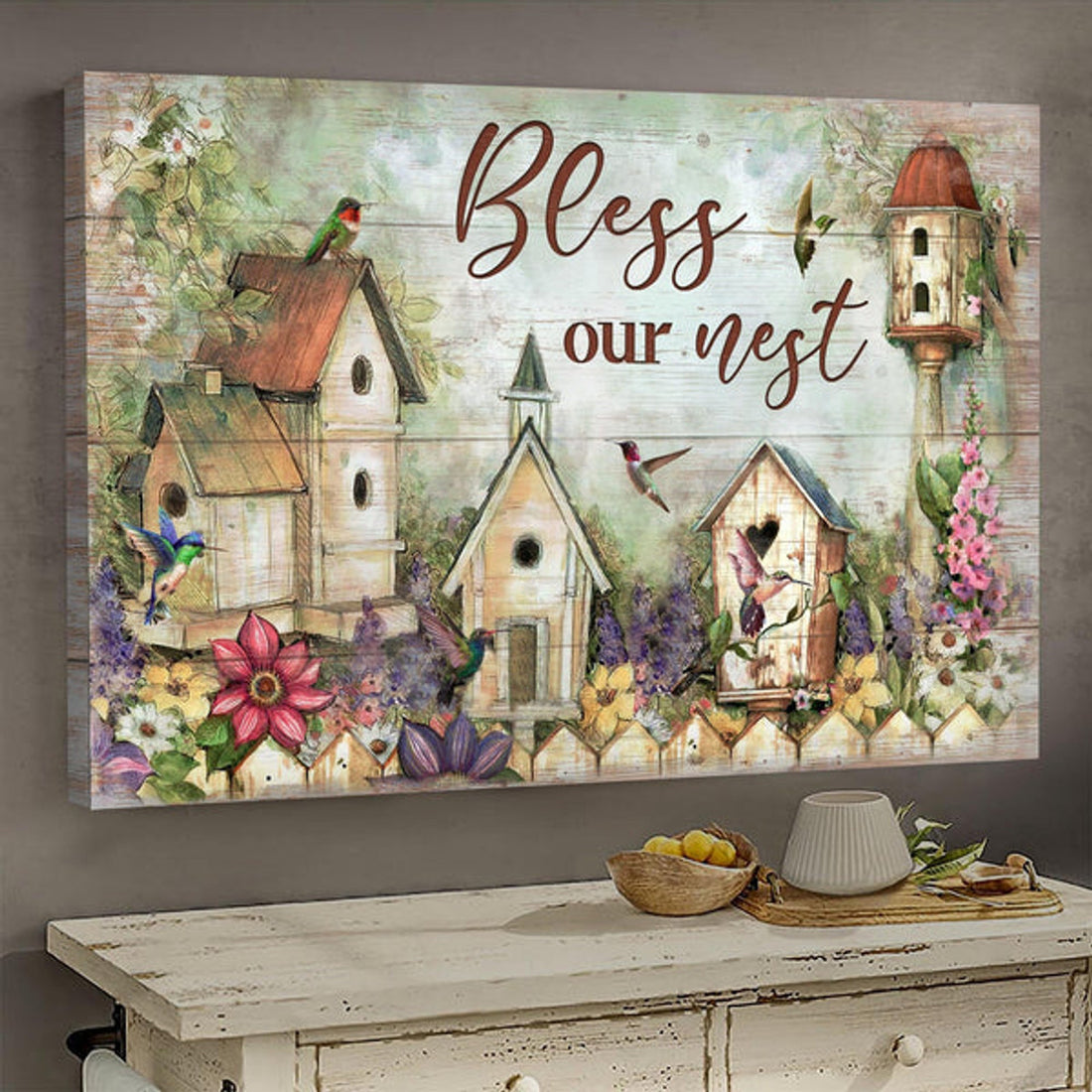 Bird Nest Flower Garden Bless Our Nest Canvas Wall Art - Christian Wall Decor