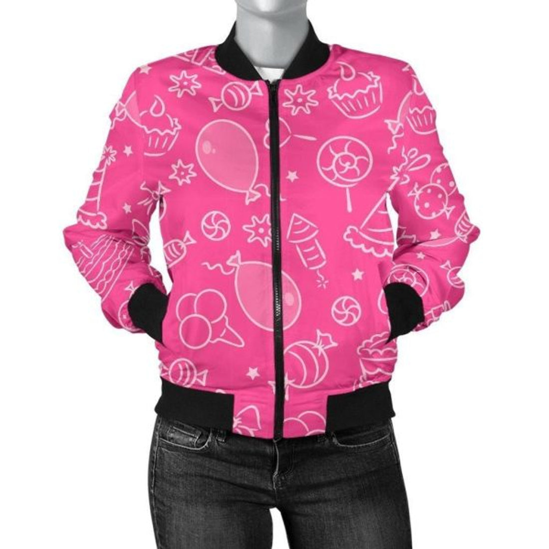 FUNSTUFFPRINT Birthday Print Pattern Women Casual 3D Bomber Jacket