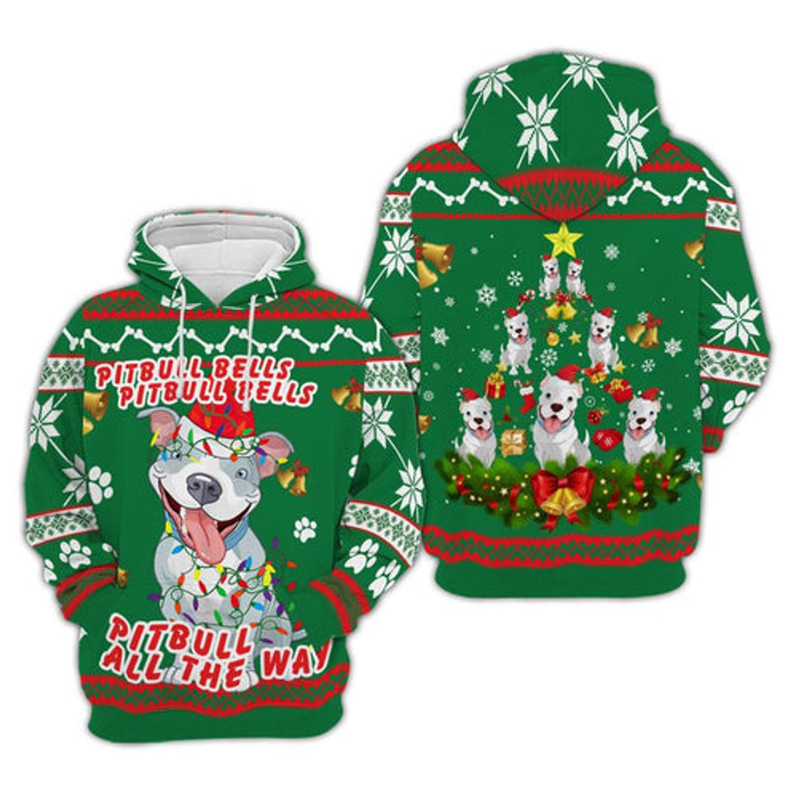 FUNSTUFFPRINT 3D Bitbull Dog Bell Christmas All Over 3D Hoodie and Zip Hoodie