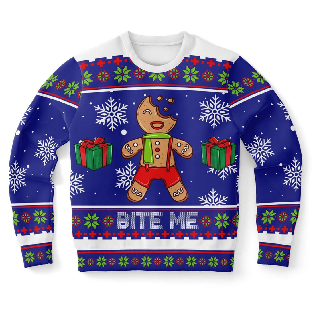 FUNSTUFFPRINT Bite me Gingerbread Ugly Christmas Sweater, Christmas Sweater, Ugly Sweater, Funny Xmas Sweaters Ugly Sweater