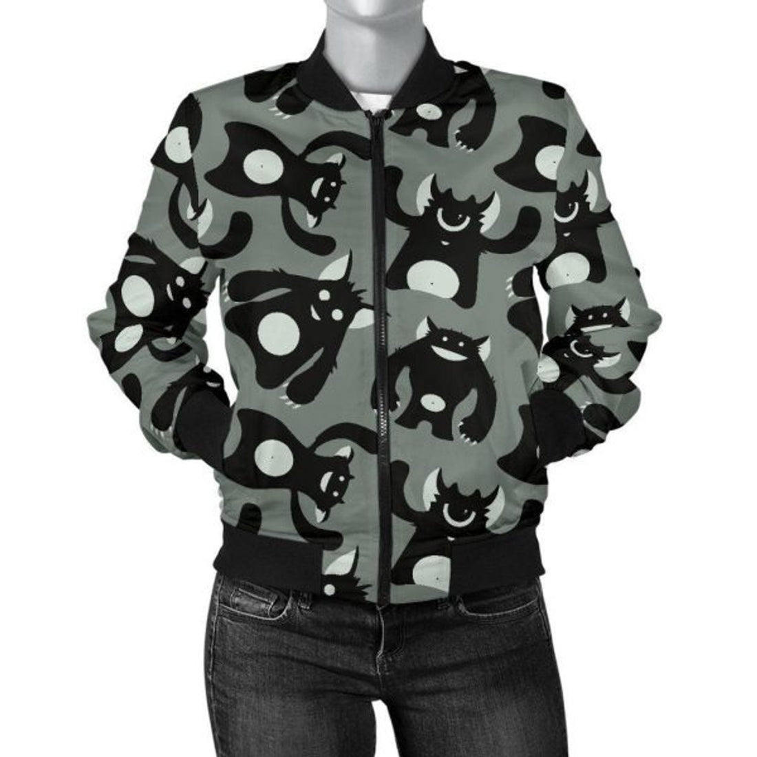 FUNSTUFFPRINT Black Bigfoot Pattern Print Women Casual 3D Bomber Jacket