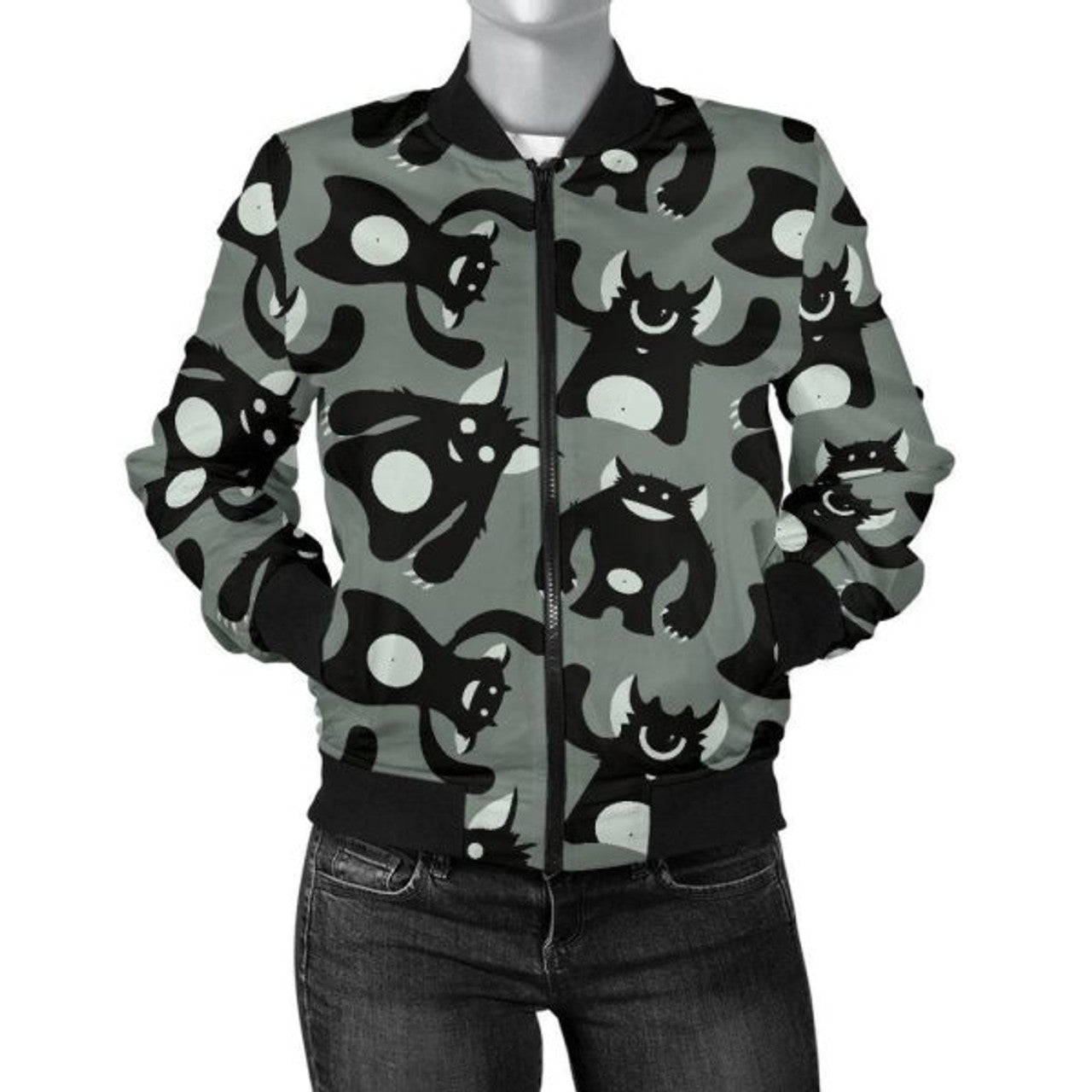 FUNSTUFFPRINT Black Bigfoot Pattern Print Women Casual 3D Bomber Jacket