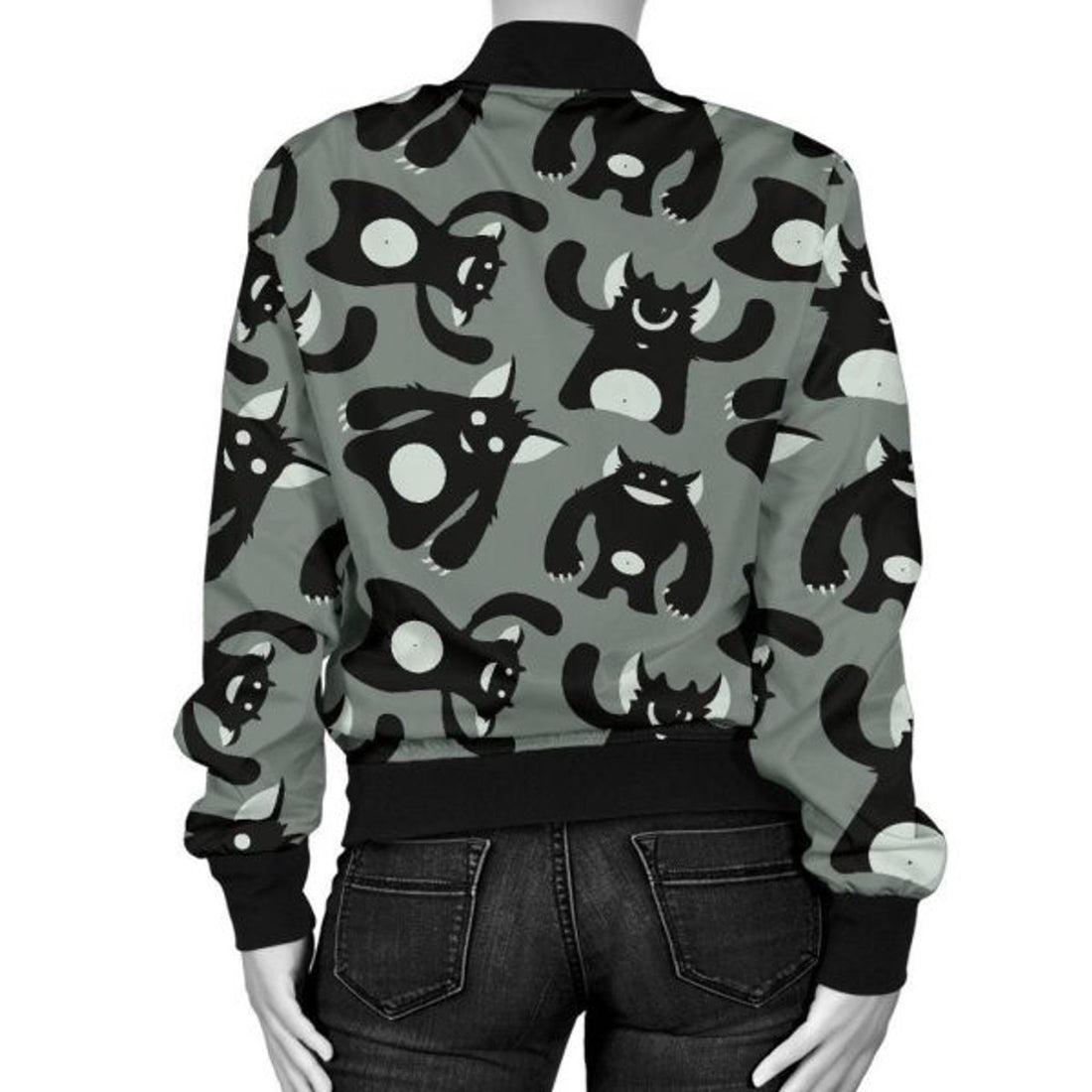 FUNSTUFFPRINT Black Bigfoot Pattern Print Women Casual 3D Bomber Jacket