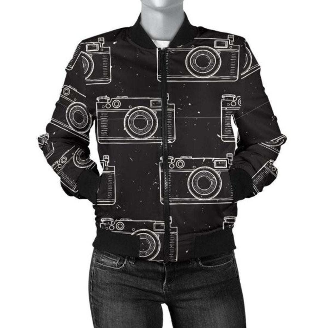 FUNSTUFFPRINT Black Camera Print Pattern Women Casual 3D Bomber Jacket