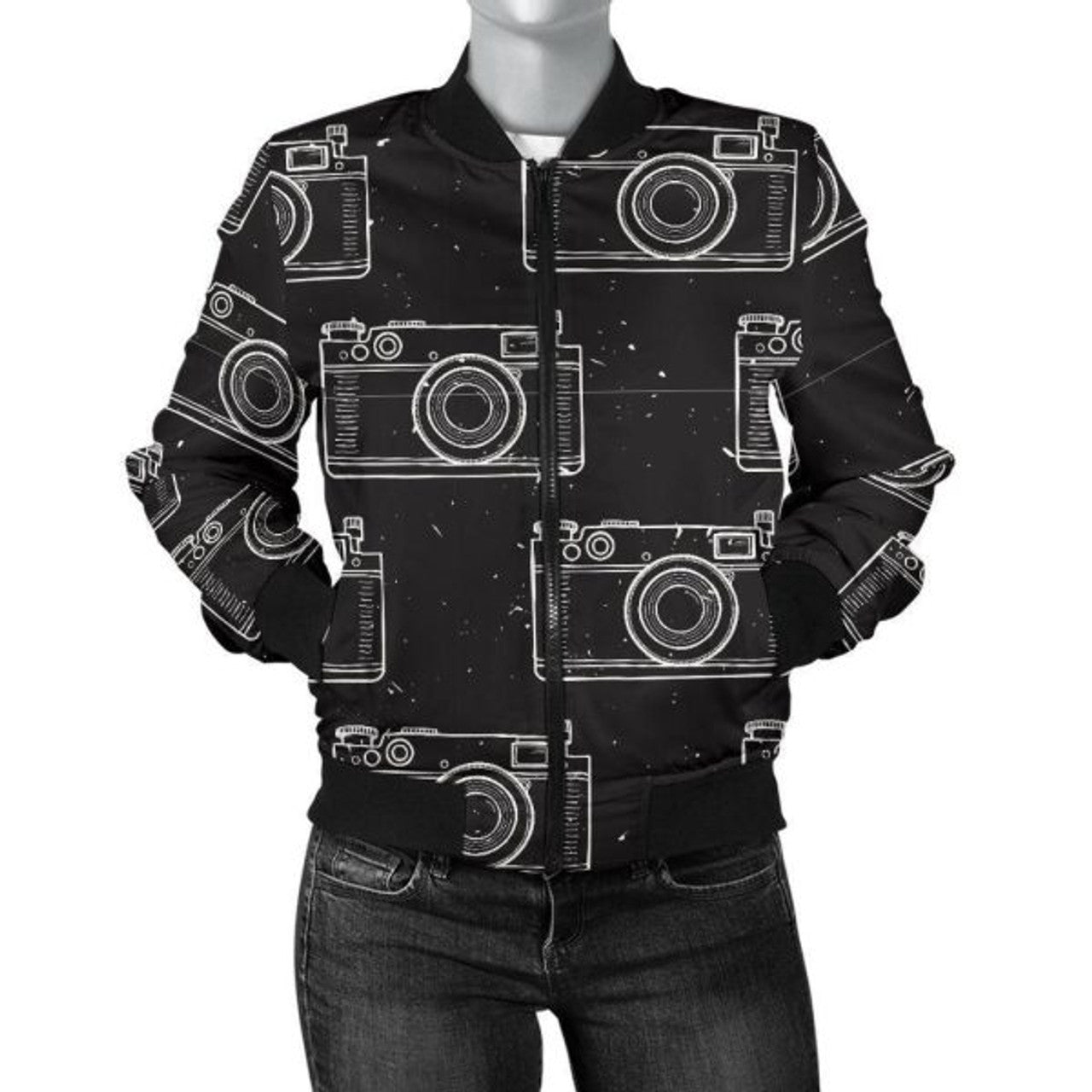 FUNSTUFFPRINT Black Camera Print Pattern Women Casual 3D Bomber Jacket