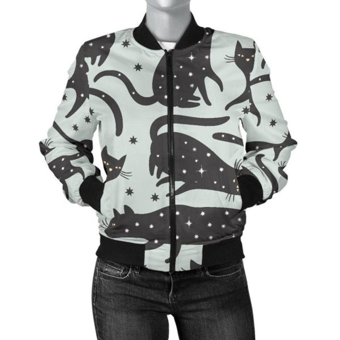 FUNSTUFFPRINT Black Cat Print Pattern Women Casual 3D Bomber Jacket