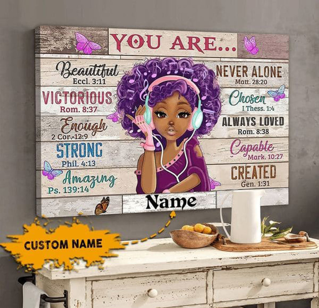Custom Black Girl, Poster Decor, God Says You Are Unique Special Lovely Precious Strong Chosen Customized Personalized NAME Poster and Canvas