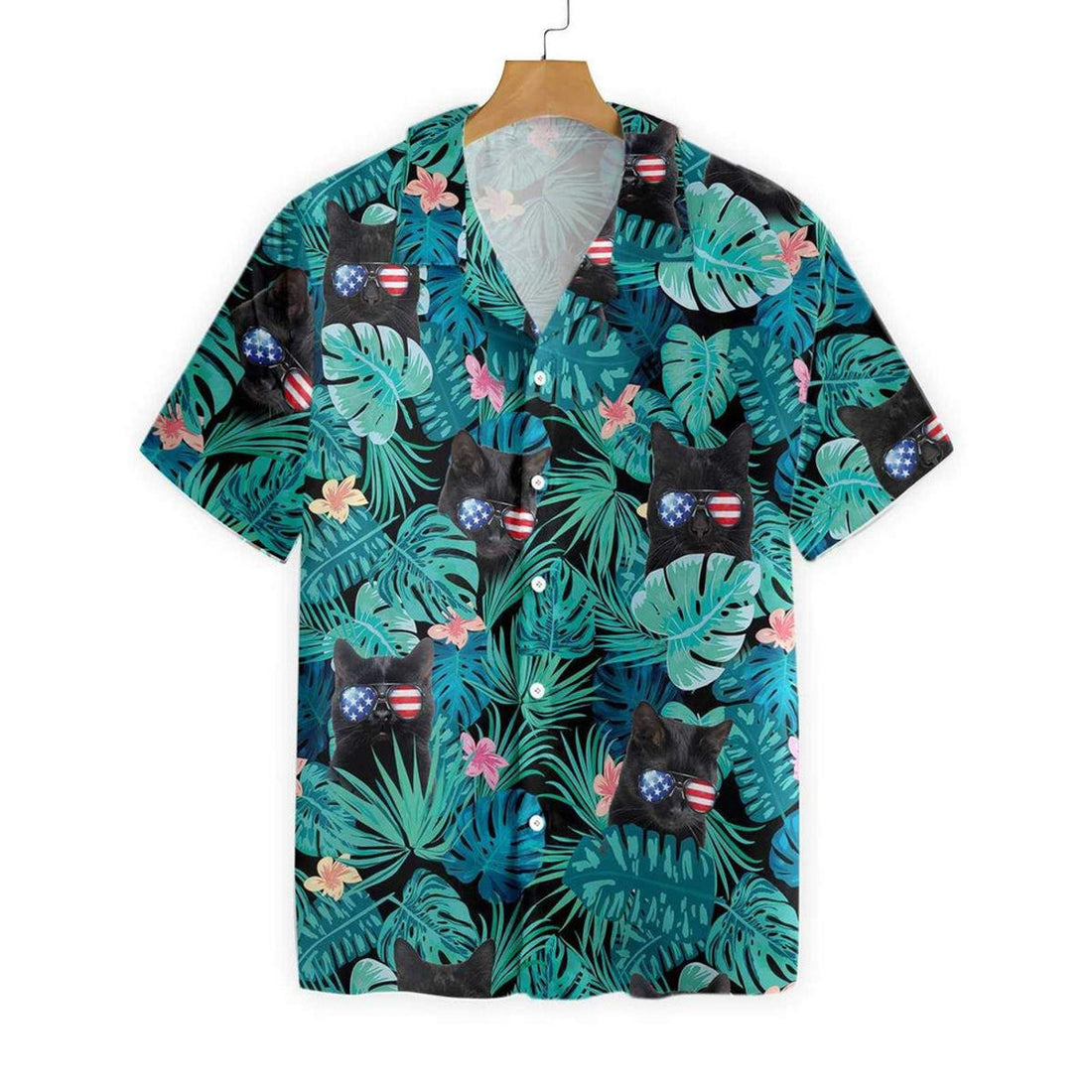 Black Cat Tropical 4th Of July Hawaiian Shirt, Tropical Flower Hawaiian Shirt, Summer Vacation
