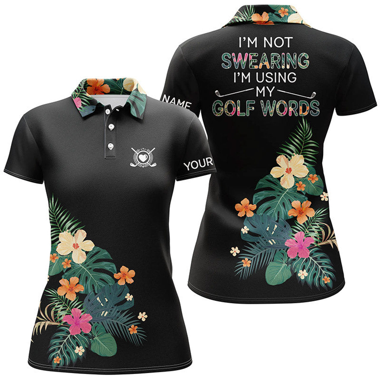 Custom Black Womens Golf Polo Shirt Custom Name I Am Not Swearing I'm Using My Golf Words Tropical Plants, Perfect Gift For Women