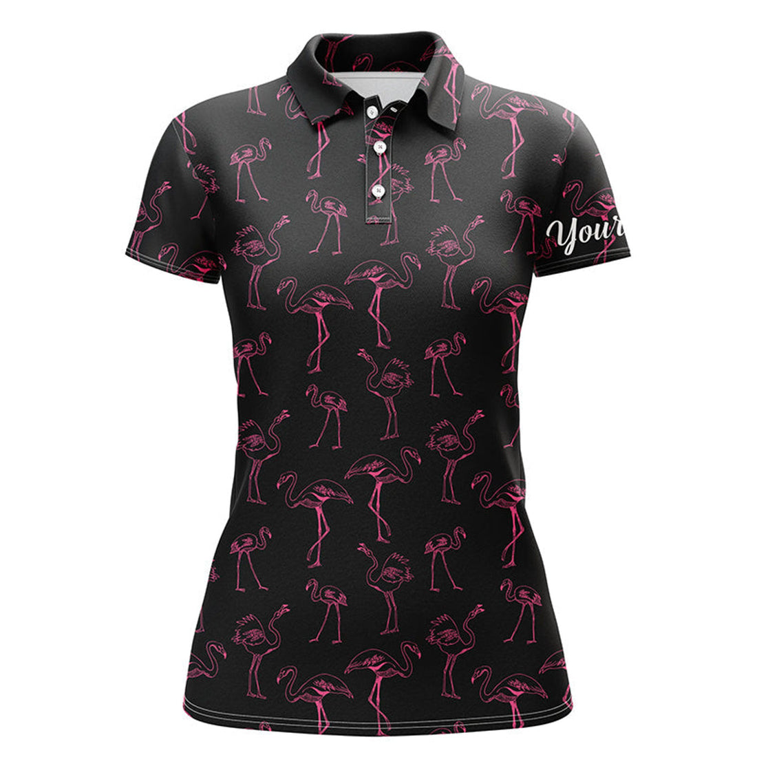 Custom Black Womens Golf Polo Shirt Neon Pink Flamingos Pattern Custom Team Flamingo Golf Shirts, Best Gift For Women