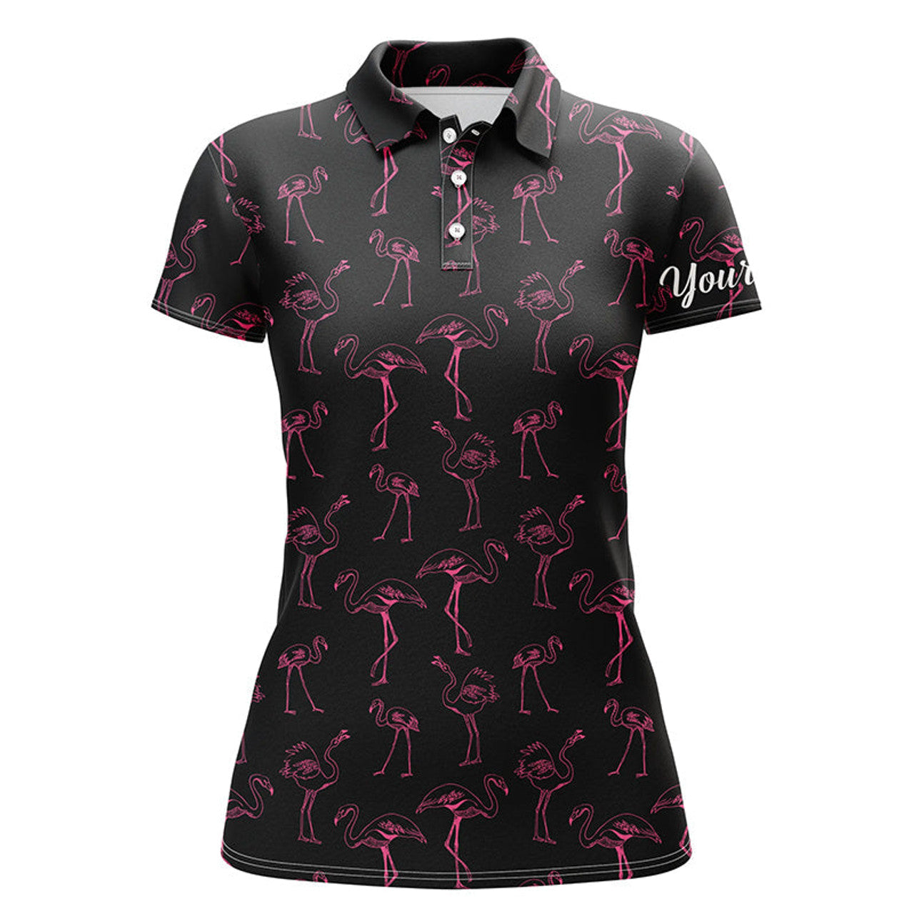 Custom Black Womens Golf Polo Shirt Neon Pink Flamingos Pattern Custom Team Flamingo Golf Shirts, Best Gift For Women