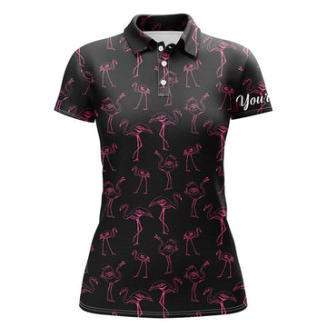 Custom Black Womens Golf Polo Shirt Neon Pink Flamingos Pattern Custom Team Flamingo Golf Shirts, Best Gift For Women