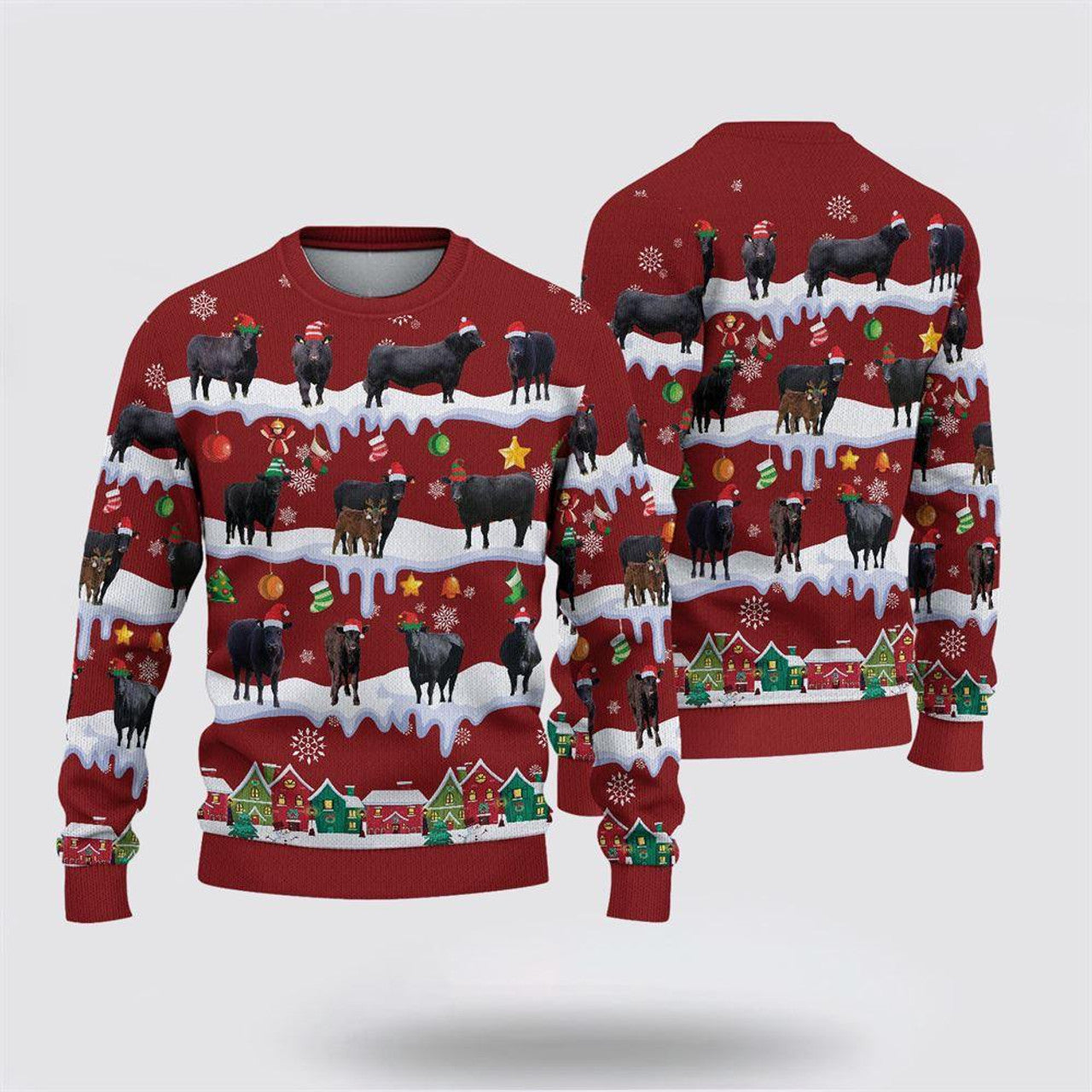 FUNSTUFFPRINT Black Angus Christmas Knitted Sweater, Gifts For Farmers, Rural Lovers Ugly Sweater