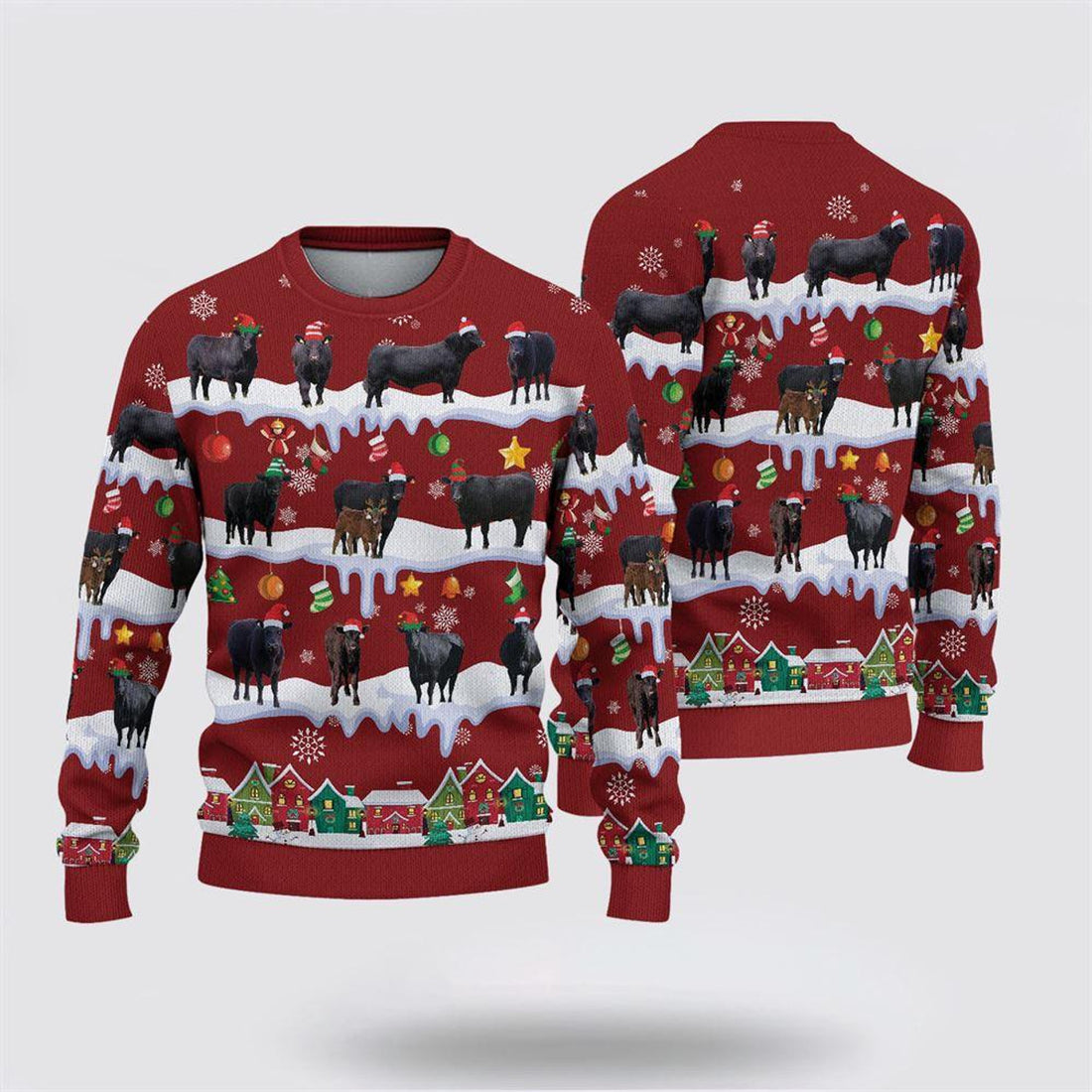 FUNSTUFFPRINT Black Angus Christmas Knitted Sweater, Gifts For Farmers, Rural Lovers Ugly Sweater