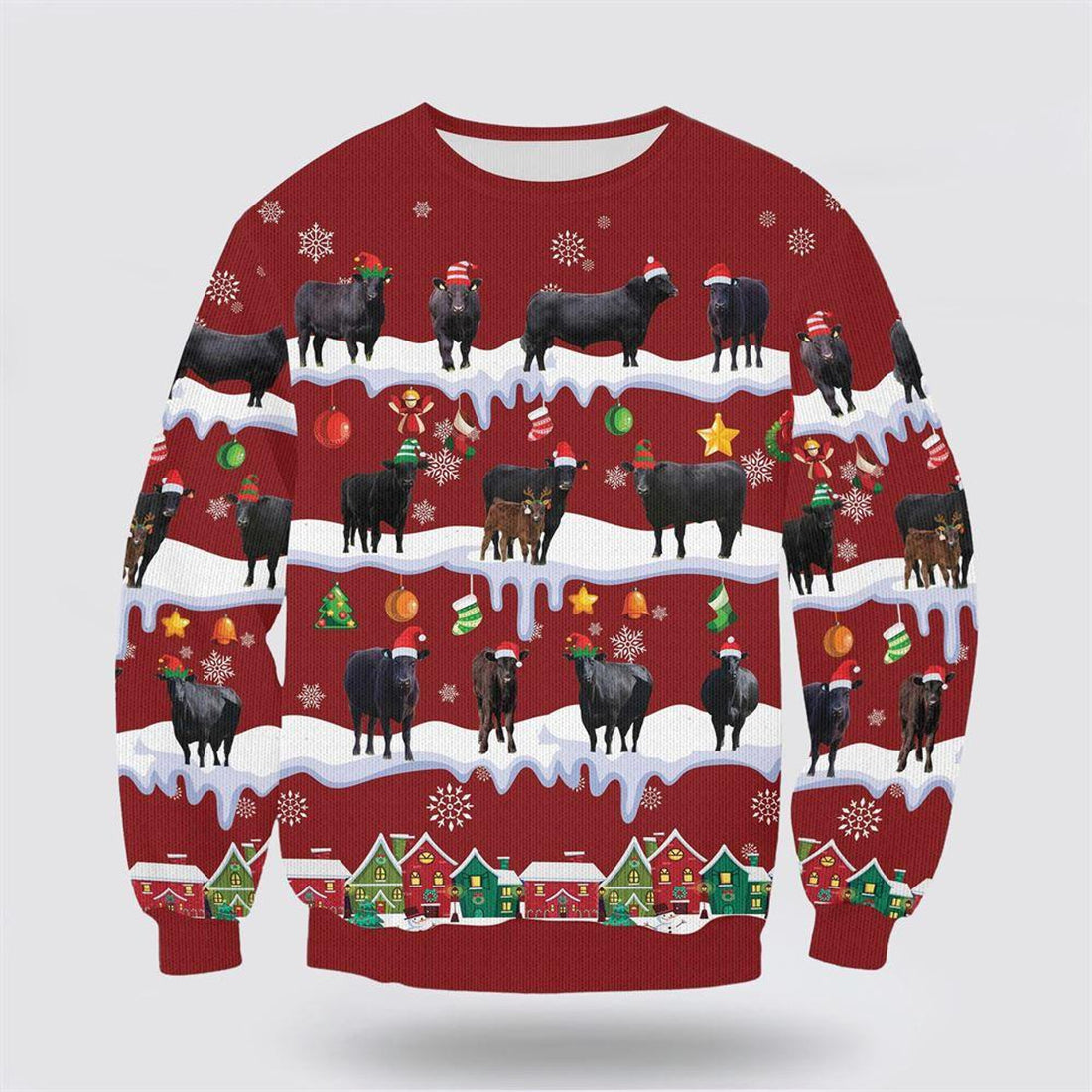 FUNSTUFFPRINT Black Angus Christmas Knitted Sweater, Gifts For Farmers, Rural Lovers Ugly Sweater