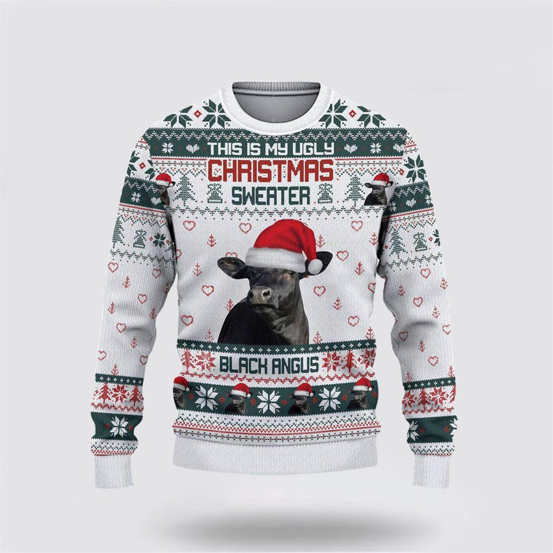 FUNSTUFFPRINT Black Angus Green Merry Christmas Ugly Sweater, Gifts For Farmers Ugly Sweater