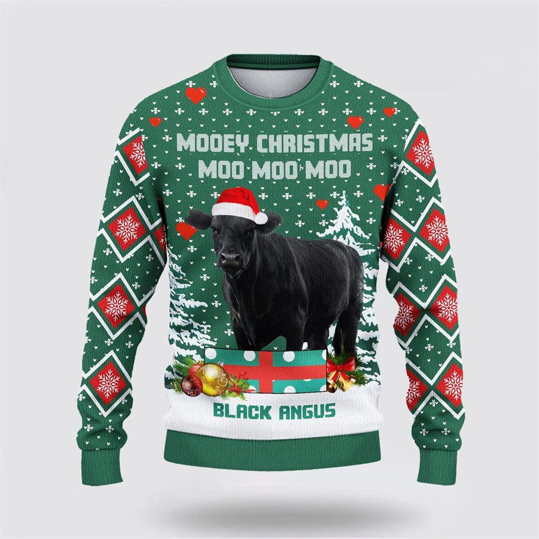 FUNSTUFFPRINT Black Angus Green Merry Christmas Ugly Sweater, Gifts For Farmers, Rural Lovers Ugly Sweater