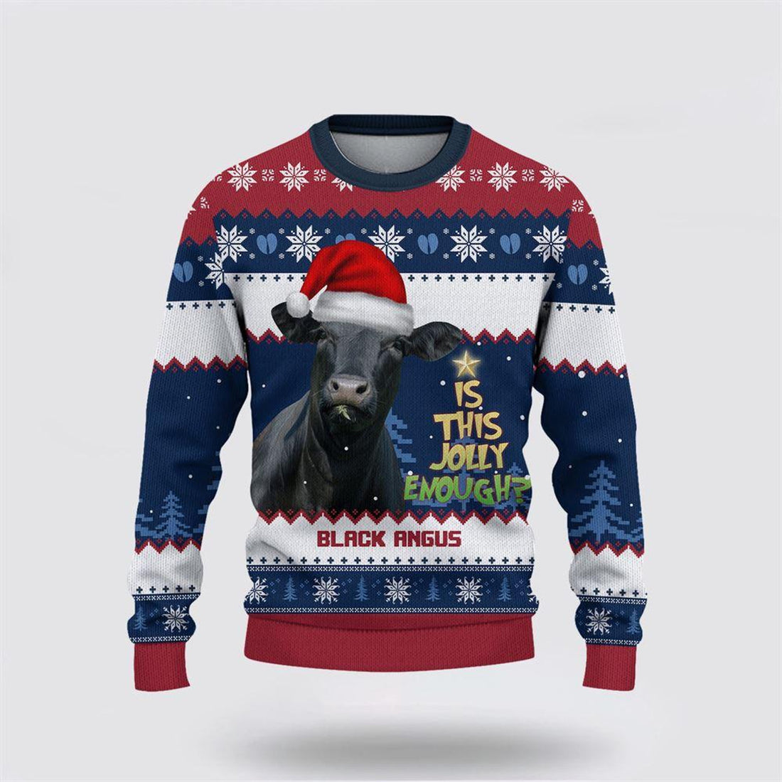 FUNSTUFFPRINT Black Angus Jolly Merry Christmas Ugly Sweater, Gifts For Farmers, Rural Lovers Ugly Sweater