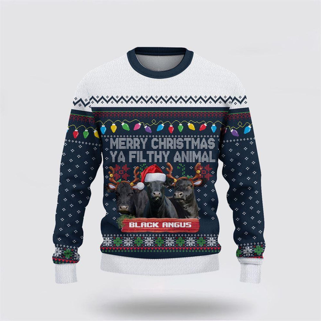 FUNSTUFFPRINT Black Angus Merry Christmas Ugly Sweater, Gifts For Farmers, Rural Lovers Ugly Sweater